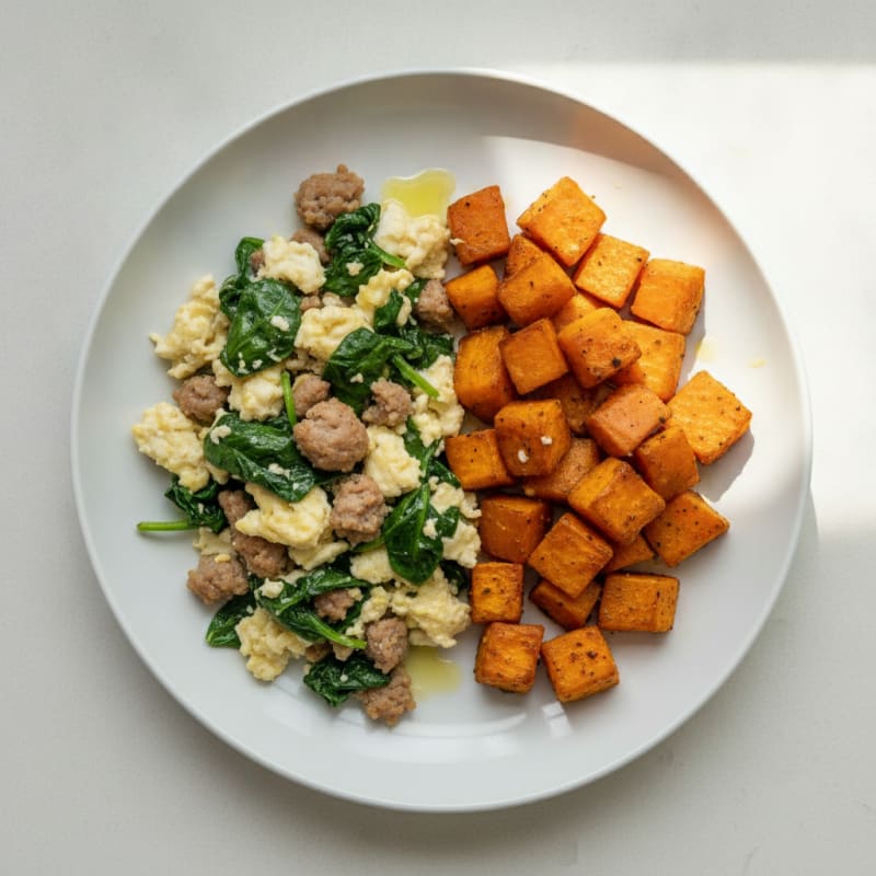 Egg White and Turkey Sausage Scramble with Spinach and Roasted Sweet Potatoes