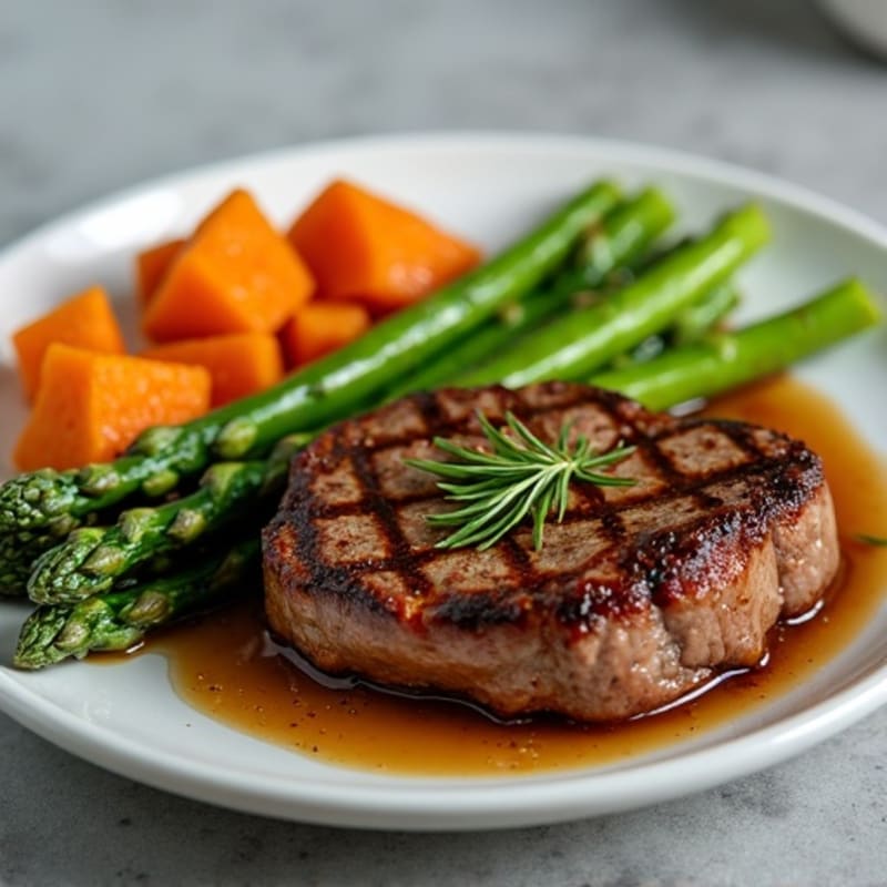 Pan-Seared Steak with Roasted Asparagus and Crispy Sweet Potatoes