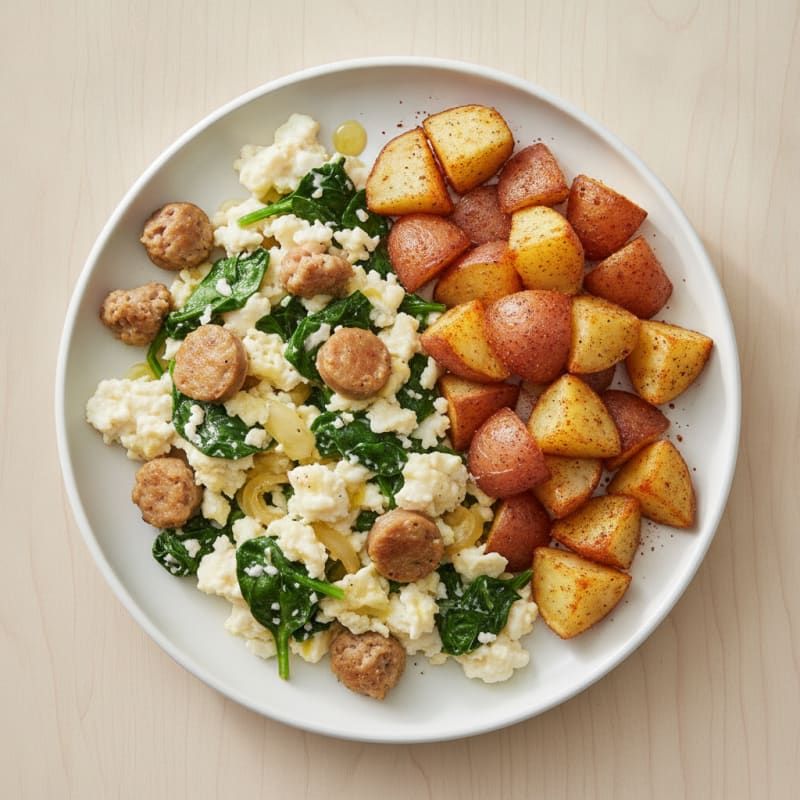 Egg White and Turkey Sausage Scramble with Spinach and Roasted Potatoes