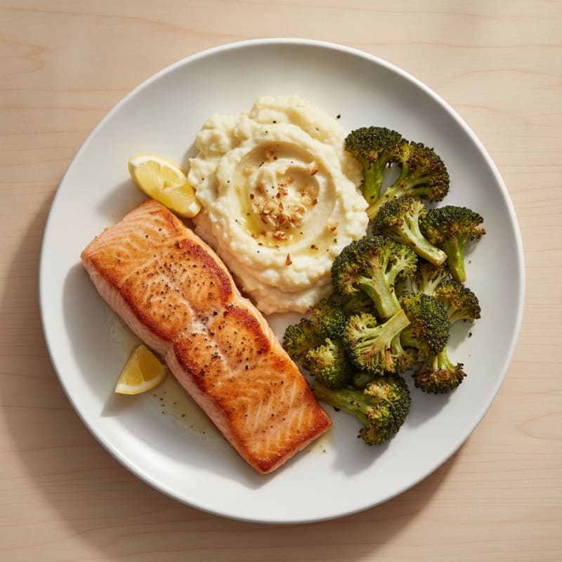 Seared Salmon with Roasted Broccoli and Garlic Mashed Cauliflower