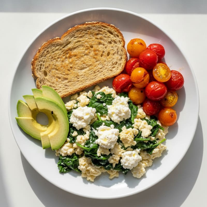 Egg White Spinach Scramble with Cottage Cheese and Tomatoes