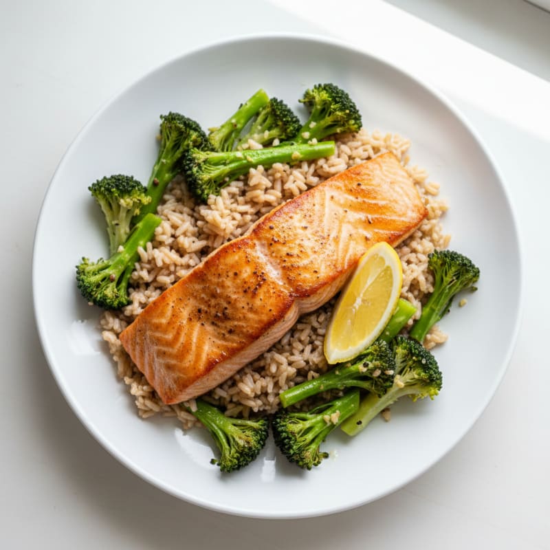 Seared Salmon with Garlic Sautéed Broccoli and Brown Rice