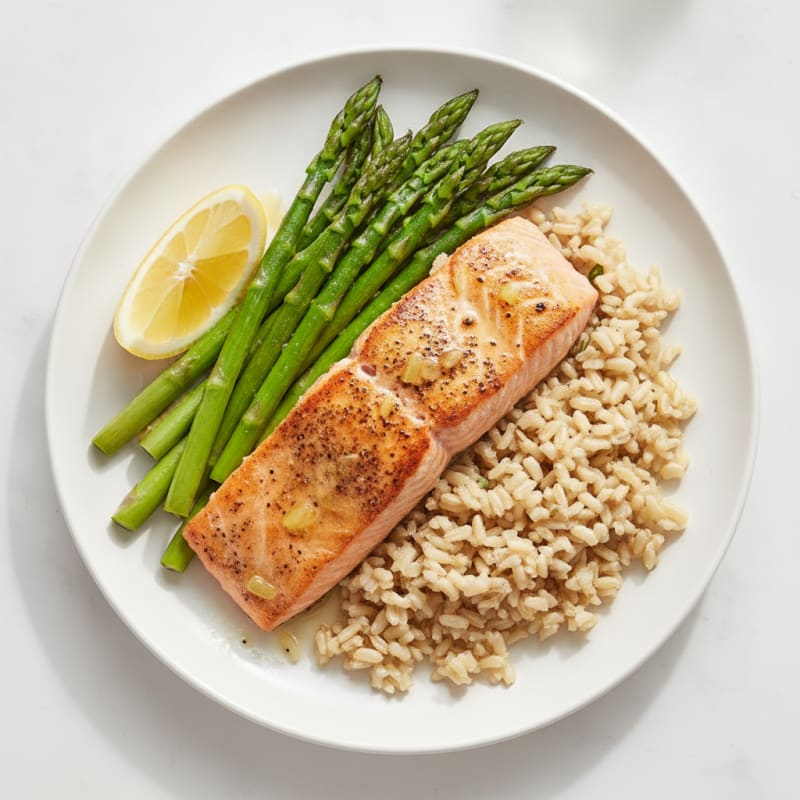 Seared Salmon with Steamed Asparagus and Brown Rice
