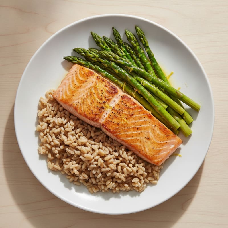 Seared Salmon with Steamed Asparagus and Brown Rice