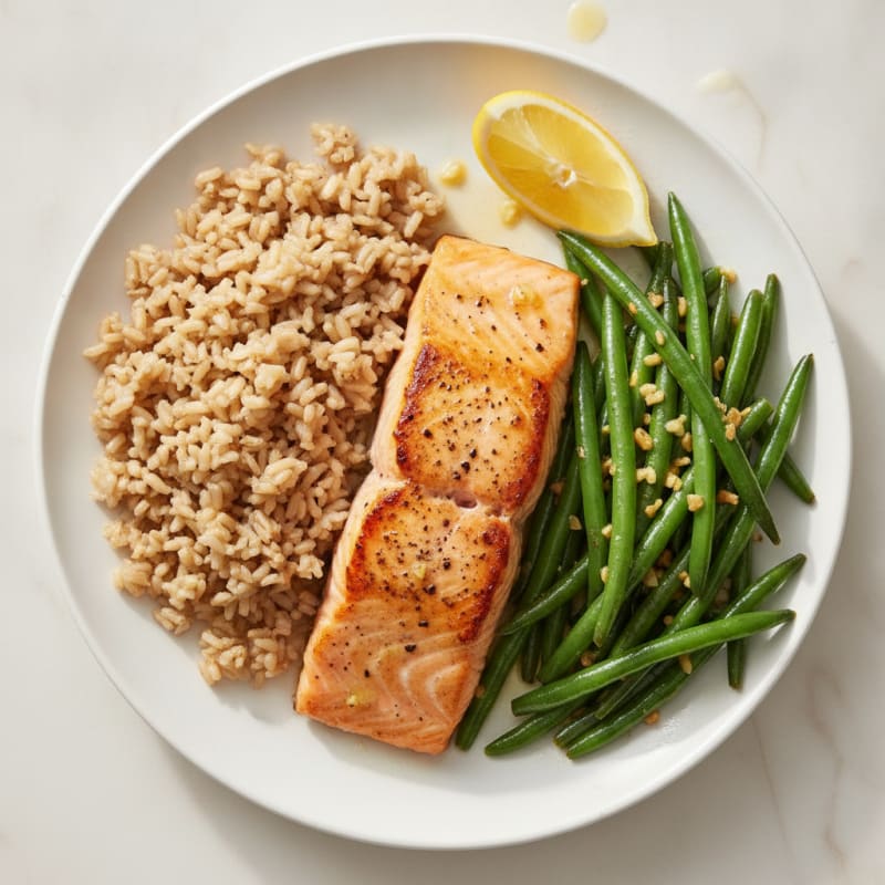 Seared Salmon with Garlic Green Beans and Brown Rice