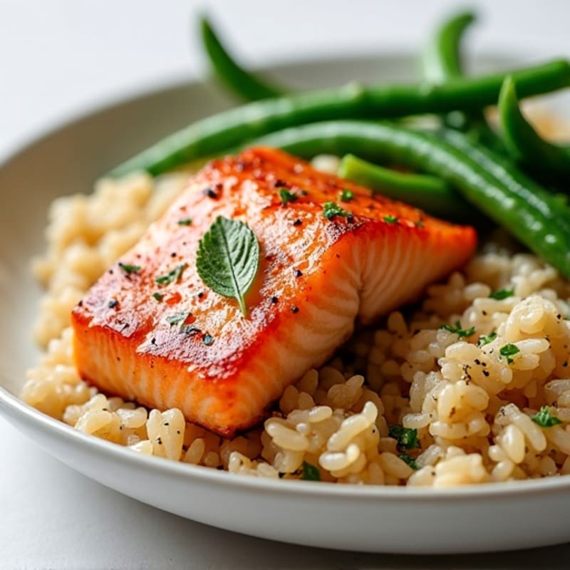 Seared Salmon Fillet with Garlic Green Beans and Brown Rice
