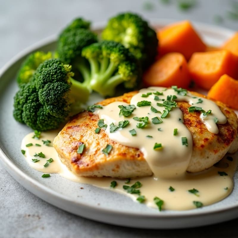 Creamy Garlic Chicken with Roasted Broccoli and Sweet Potato