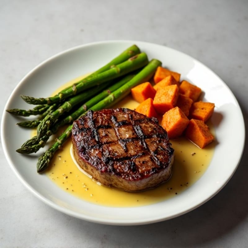 Pan-Seared Ribeye Steak with Roasted Sweet Potatoes and Crispy Asparagus