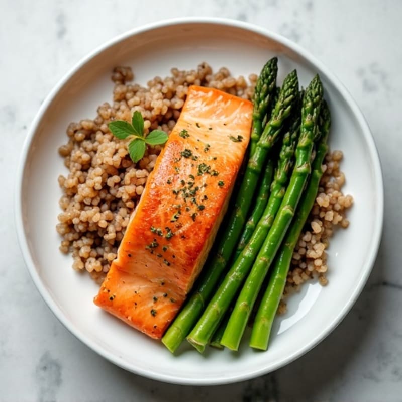 Seared Salmon Fillet with Steamed Asparagus and Brown Rice