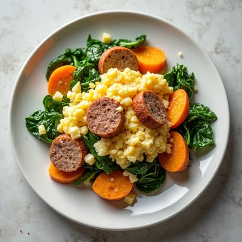 Egg White and Turkey Sausage Scramble with Spinach and Sweet Potato