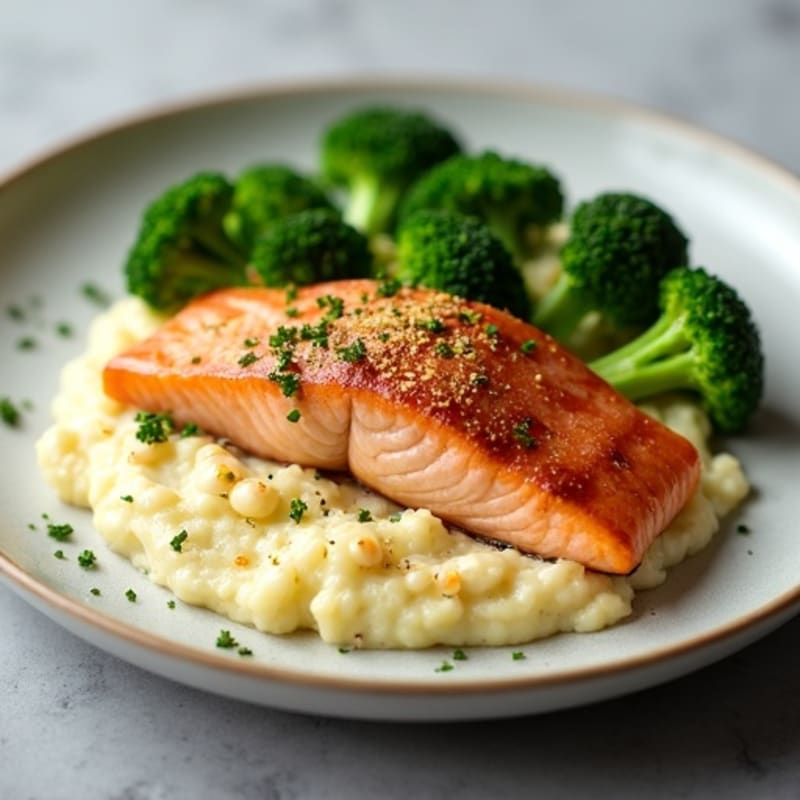 Seared Salmon with Steamed Broccoli and Garlic Cauliflower Mash