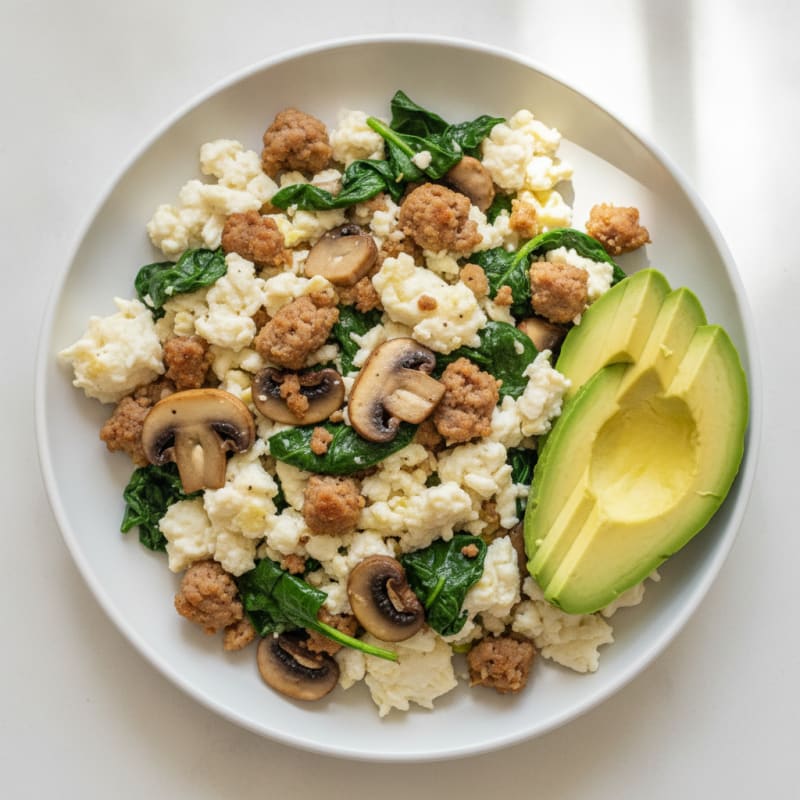 Egg White and Turkey Sausage Scramble with Spinach and Sautéed Mushrooms