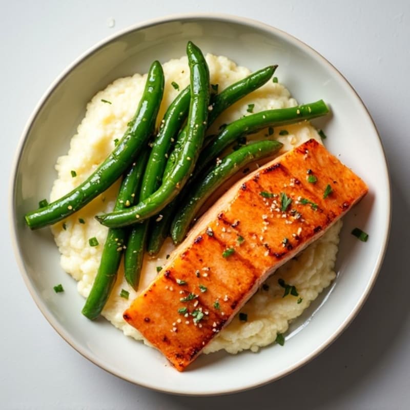 Seared Salmon with Garlic Green Beans and Cauliflower Mash
