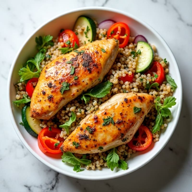 Protein-Packed Mediterranean Bowl with Herb-Roasted Chicken, Quinoa and Roasted Vegetables