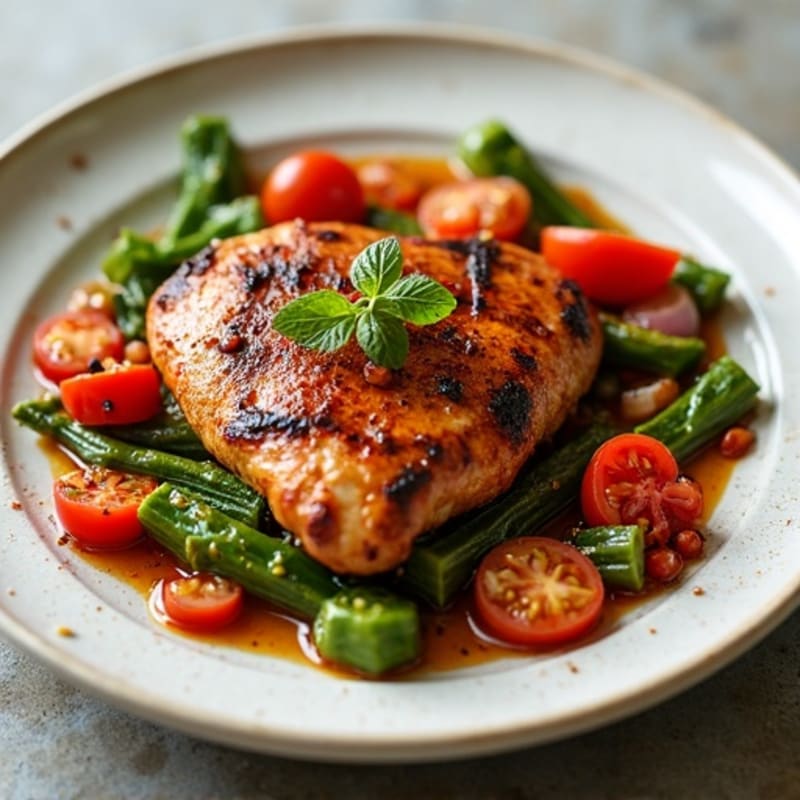 Grilled Peri-Peri Chicken Breast with Steamed Okra and Tomato Relish
