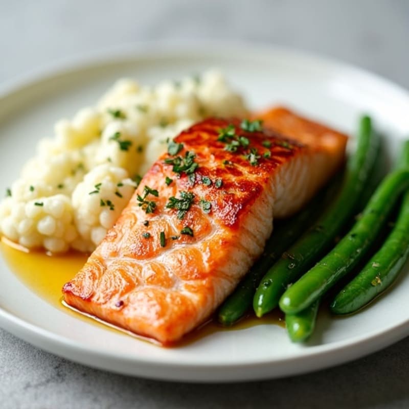 Seared Salmon Fillet with Garlic Green Beans and Mashed Cauliflower