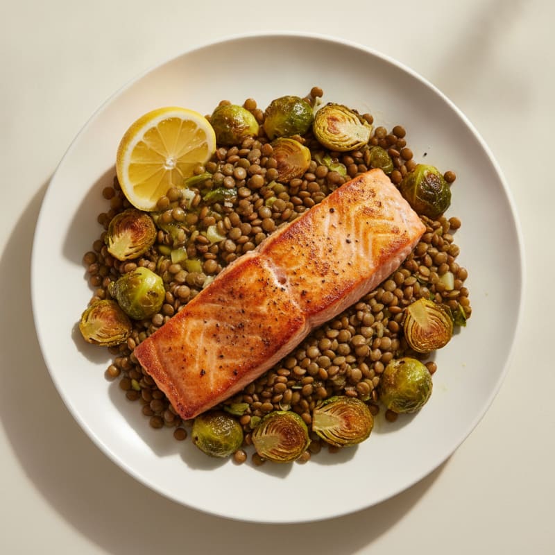 Seared Salmon Fillet with Roasted Brussels Sprouts and Lentils