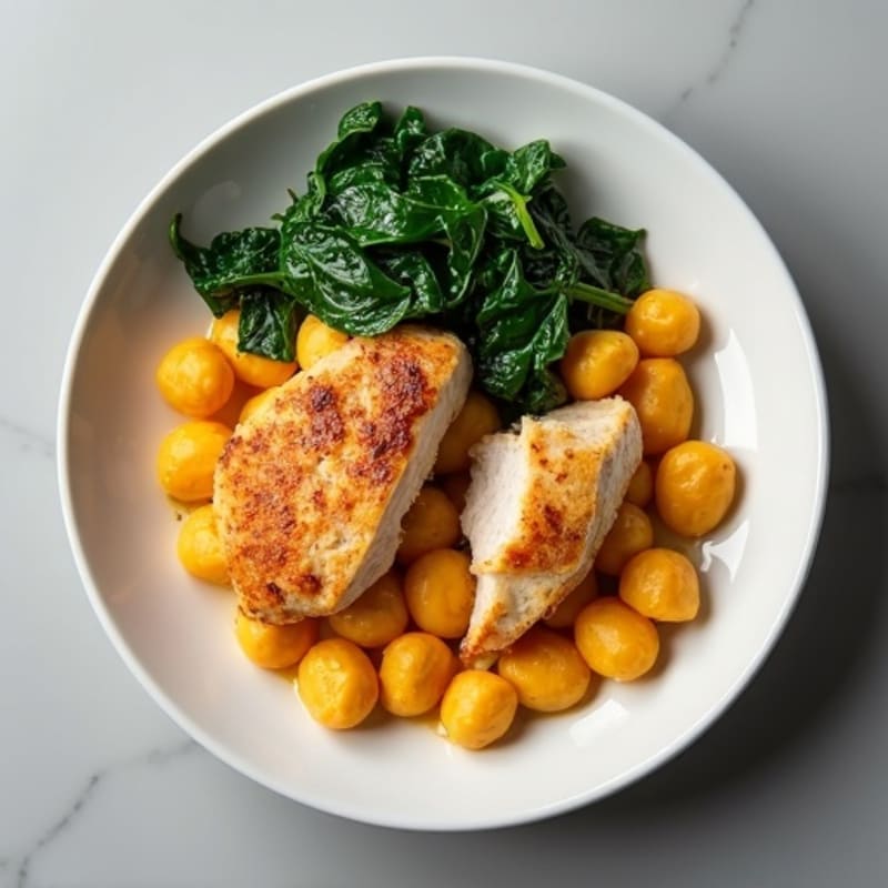 Creamy Sweet Potato Gnocchi with Pan-Seared Chicken and Sautéed Spinach