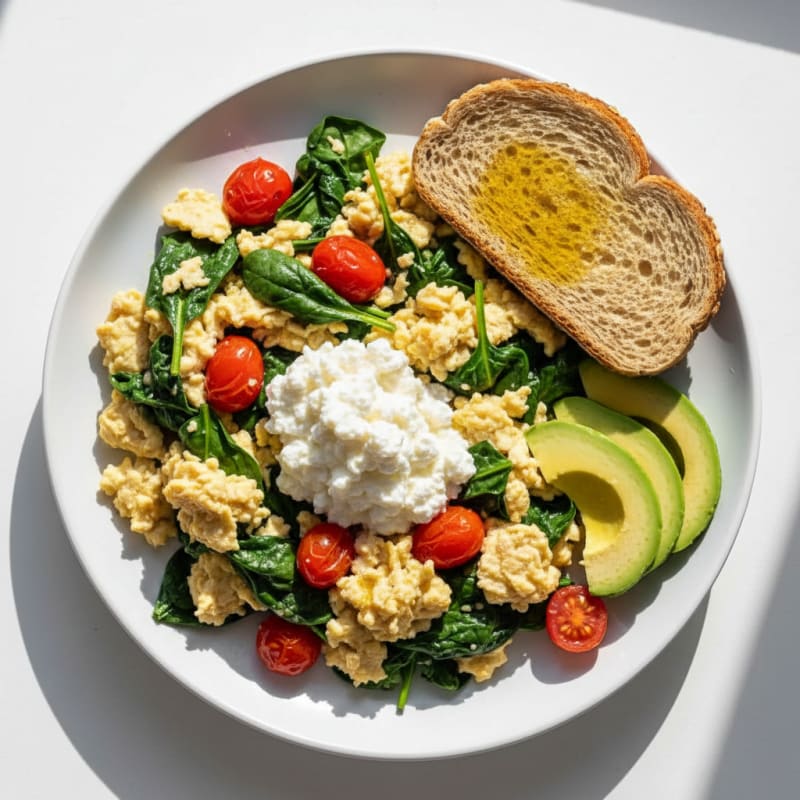 Egg White and Spinach Scramble with Cottage Cheese and Cherry Tomatoes