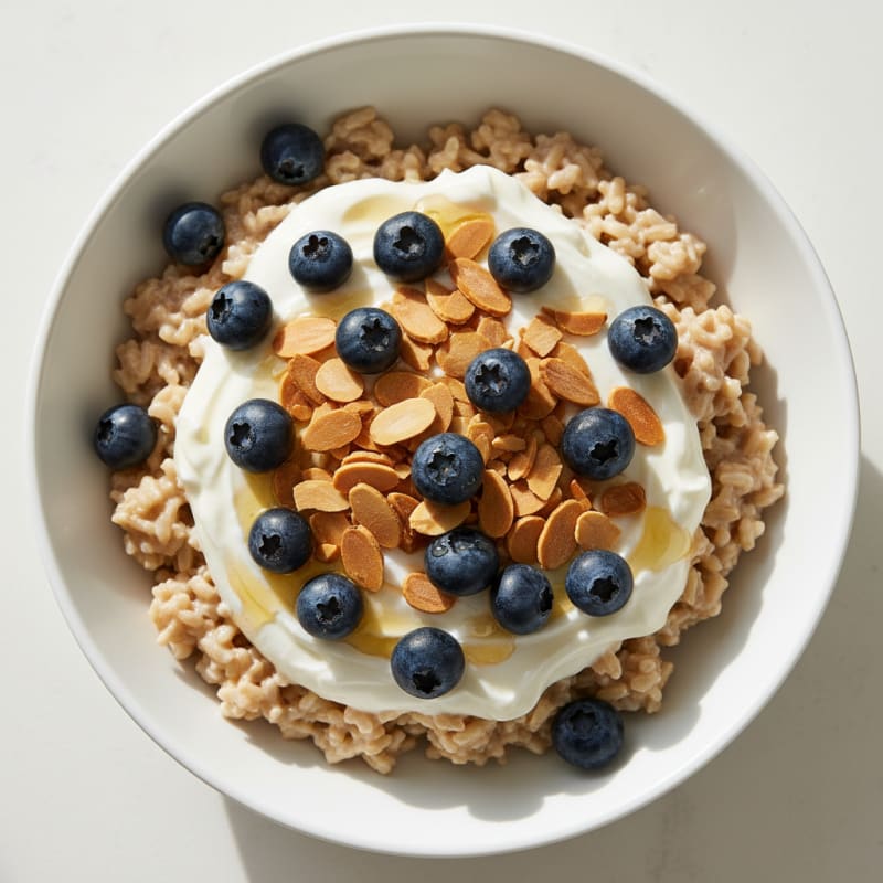 Creamy Greek Yogurt and Rice Breakfast Bowl with Almonds and Berries