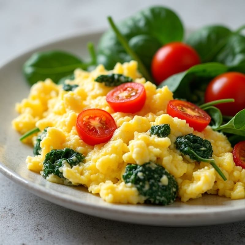 Cottage Cheese Egg Scramble with Spinach and Cherry Tomatoes