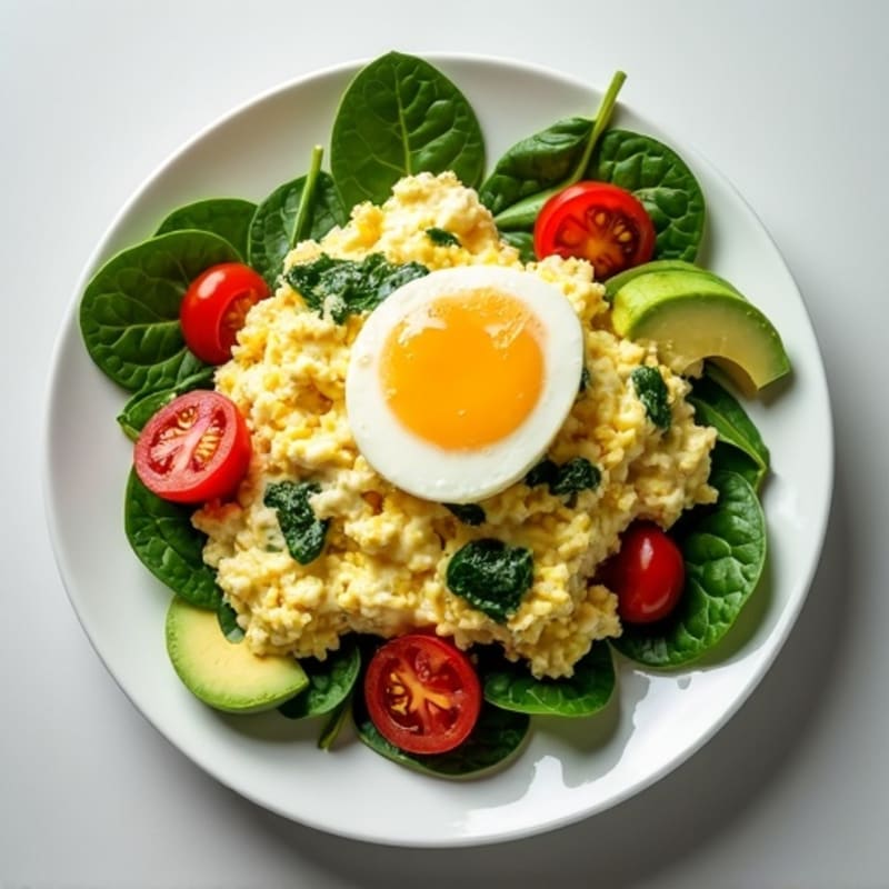 Egg White Spinach Scramble with Cottage Cheese and Fresh Tomatoes