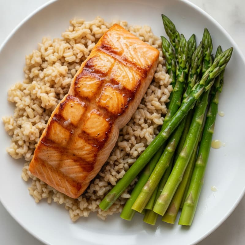 Seared Salmon with Brown Rice and Steamed Asparagus