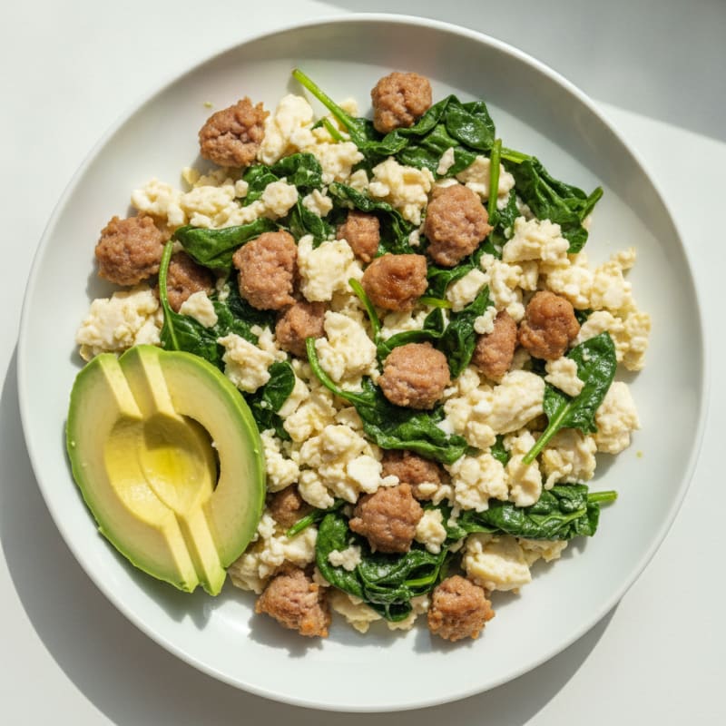 Scrambled Egg Whites with Sautéed Spinach and Turkey Sausage