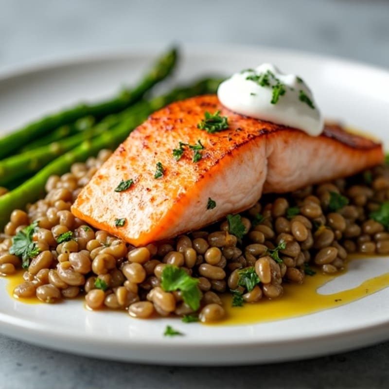 Seared Salmon Fillet with Lentil Salad and Roasted Asparagus