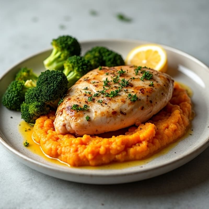 Lemon-Herb Roasted Chicken with Crispy Roasted Broccoli and Sweet Potato Mash