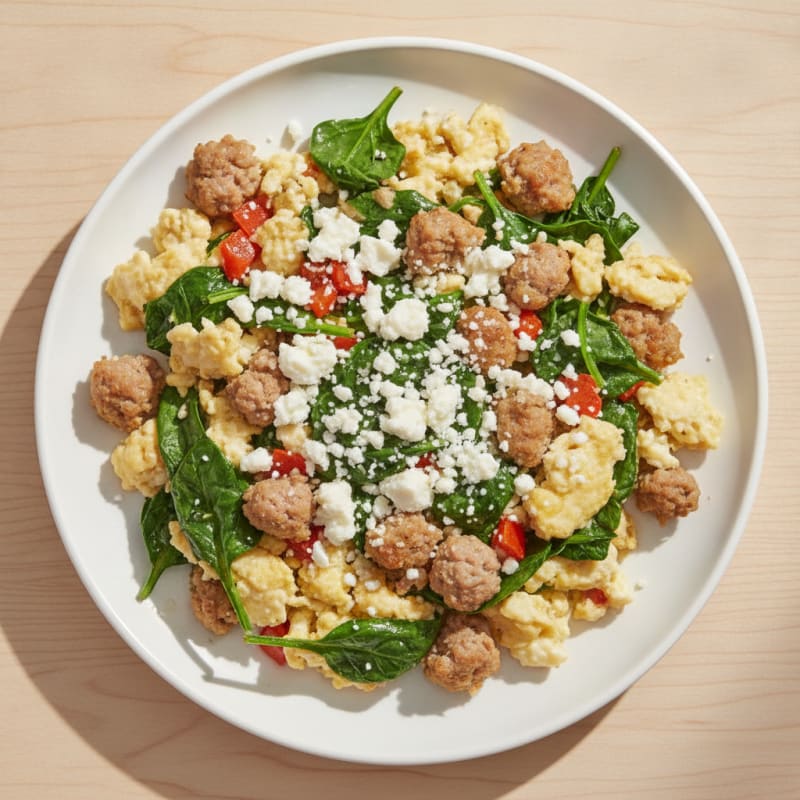 Egg White and Turkey Sausage Scramble with Sautéed Spinach