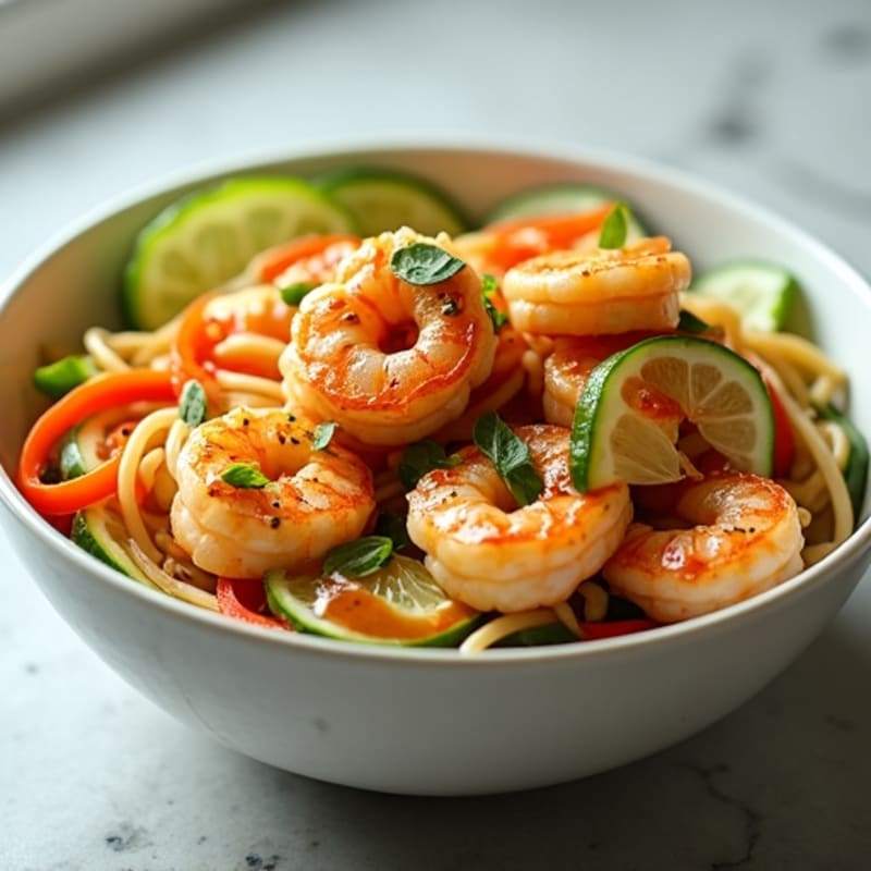 Pan-Seared Shrimp with Peanut Lime Rice Noodles and Crisp Vegetables