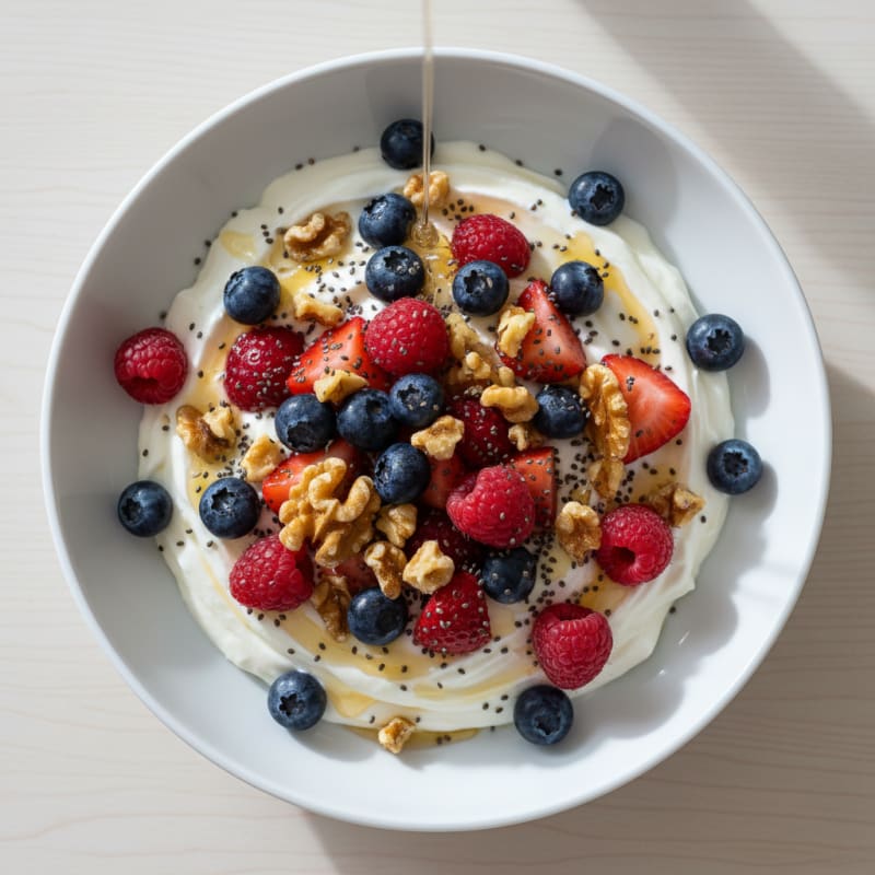 Silky Greek Yogurt with Mixed Berries and Vanilla Protein Powder