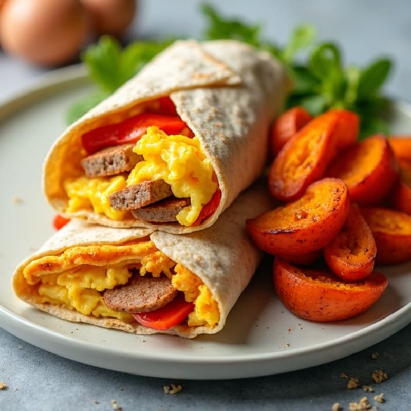 Lean Turkey Sausage and Scrambled Egg Breakfast Burrito with Crispy Sweet Potatoes