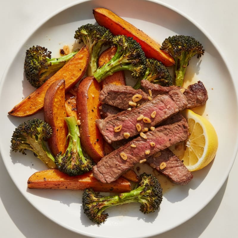 Seared Lean Beef Strips with Roasted Broccoli and Sweet Potato