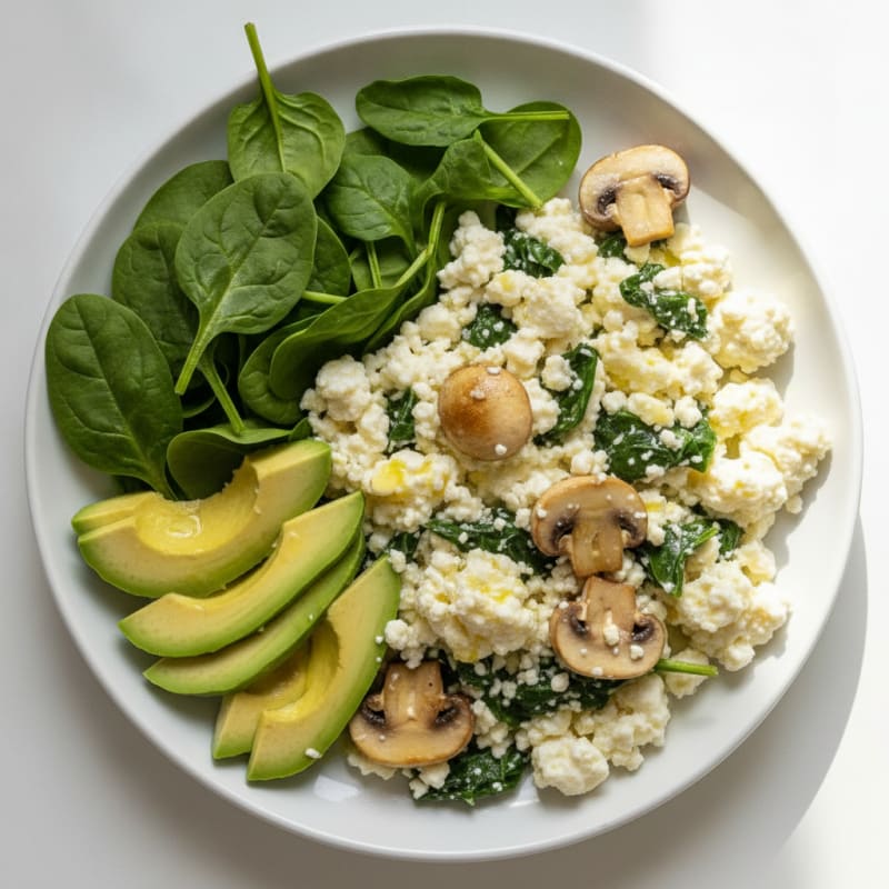 Egg White and Cottage Cheese Scramble with Spinach and Sautéed Mushrooms