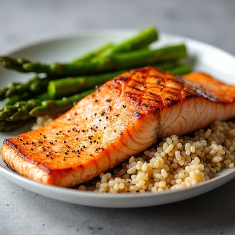 Seared Salmon Fillet with Steamed Asparagus and Brown Rice
