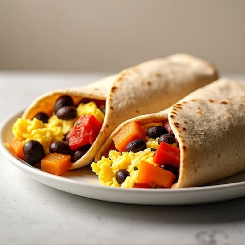 Hearty Scrambled Egg and Black Bean Breakfast Burrito with Roasted Sweet Potato