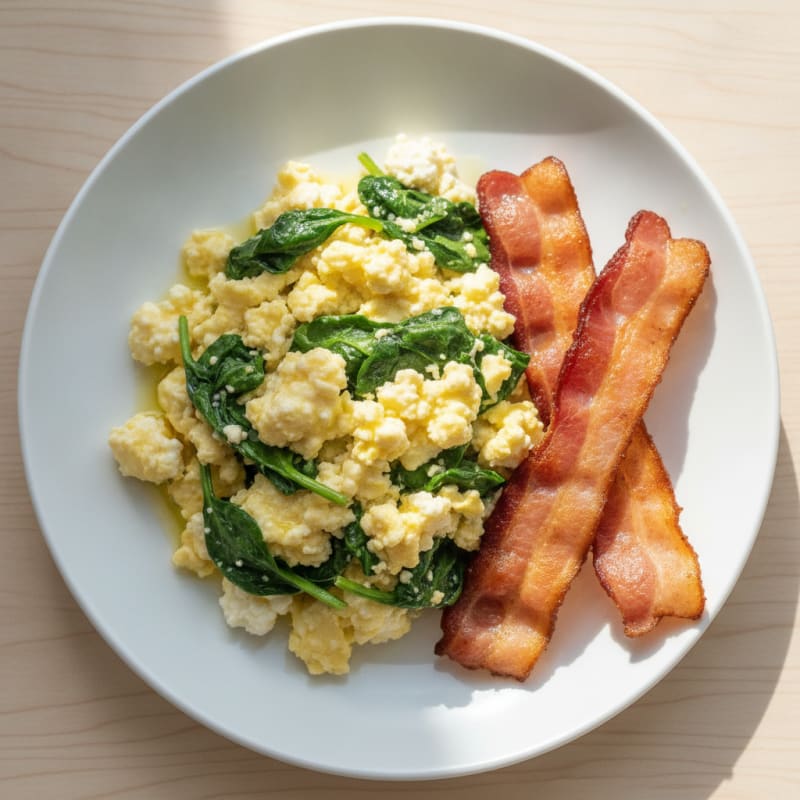Cottage Cheese Egg Scramble with Spinach and Turkey Bacon