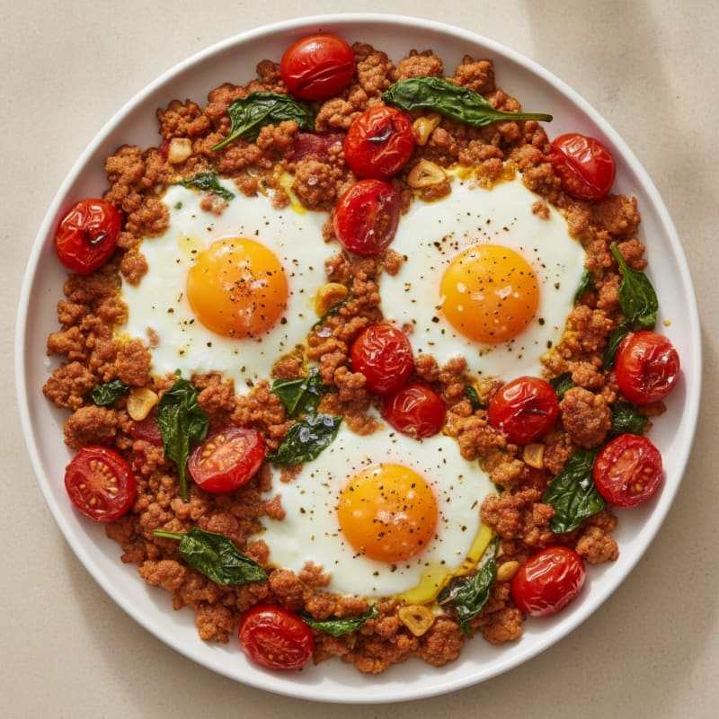 Baked Eggs with Roasted Tomatoes and Savory Turkey