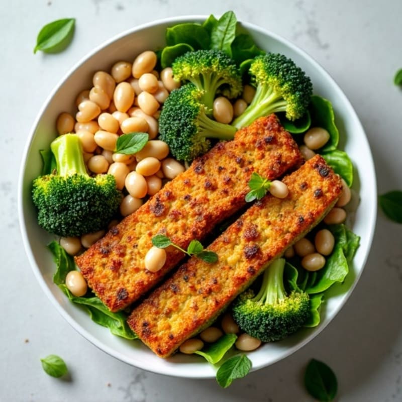 Crispy Tempeh Power Salad with White Beans and Roasted Broccoli
