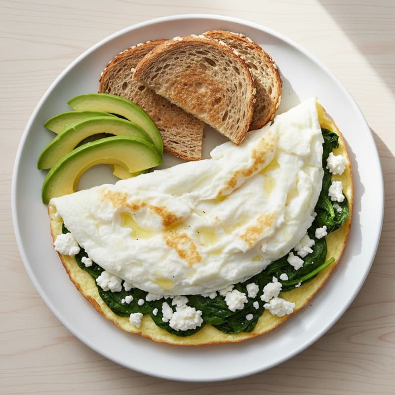 Fluffy Egg White Omelette with Cottage Cheese and Sautéed Spinach