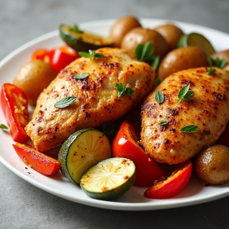 Sheet Pan Roasted Chicken with Crispy Potatoes and Roasted Vegetables