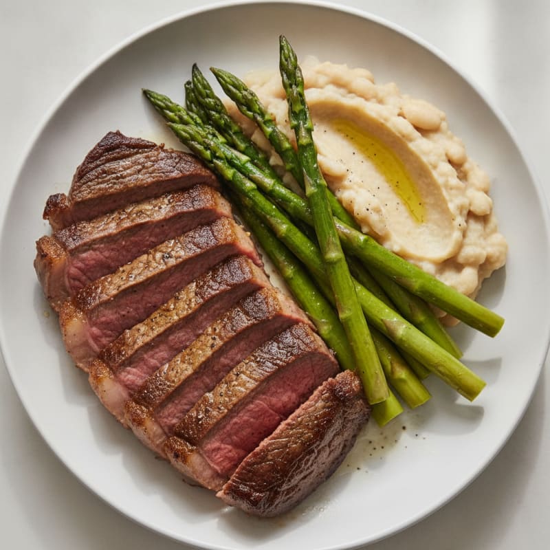 Seared Lean Beef Steak with Steamed Asparagus and Mashed White Beans