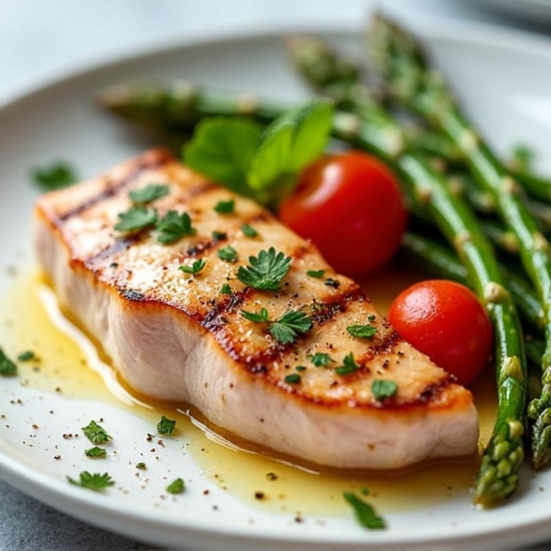 Lemon-Herb Seared Tuna with Roasted Asparagus and Cherry Tomatoes