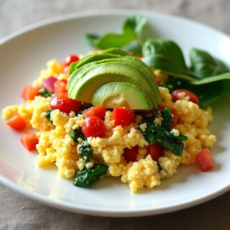 Egg White Veggie Scramble with Cottage Cheese and Fresh Spinach