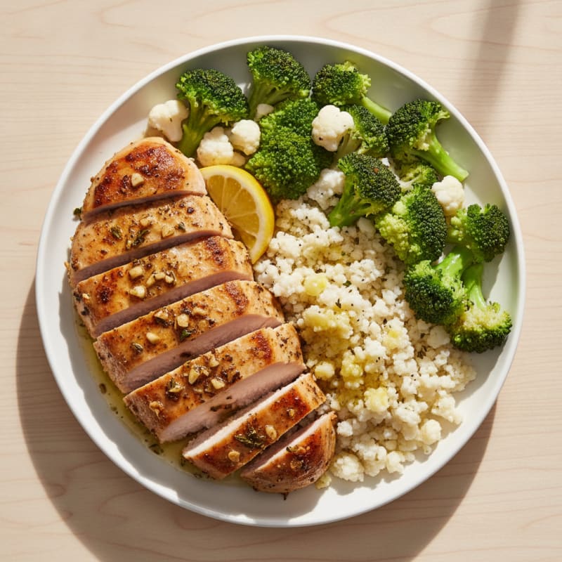 Seared Turkey Breast with Steamed Broccoli and Cauliflower Rice