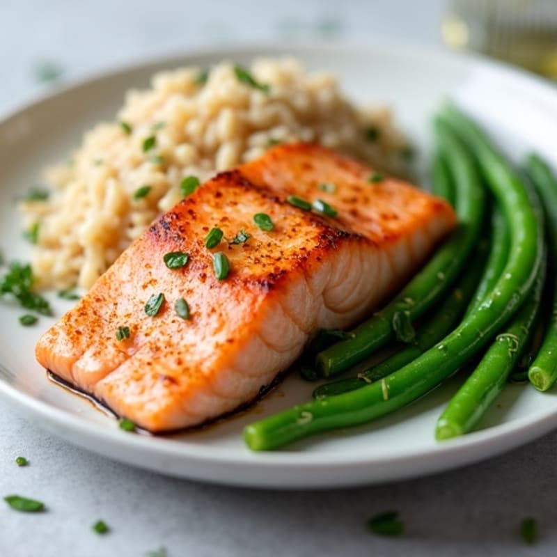 Seared Salmon with Steamed Green Beans and Brown Rice