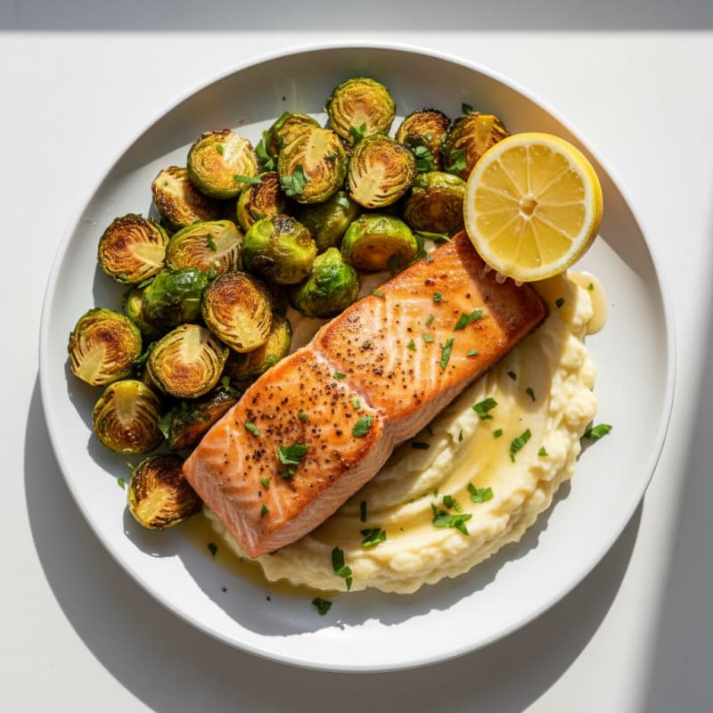Seared Salmon with Crispy Brussels Sprouts and Garlic Mashed Cauliflower