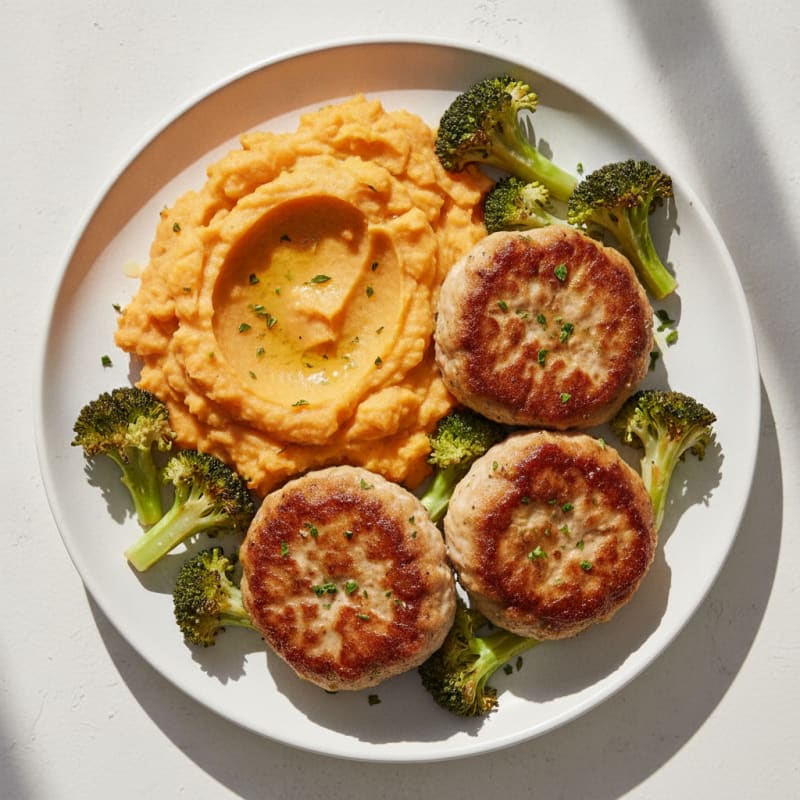Seared Turkey Patties with Roasted Broccoli and Sweet Potato Mash